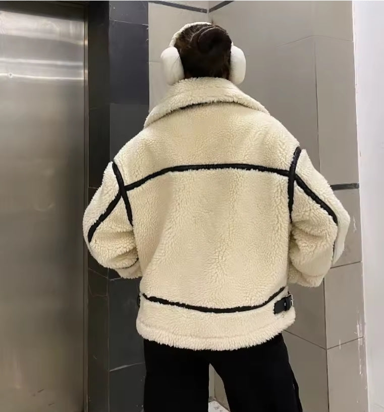 Casual Furry Jacket with Zipper and Pockets