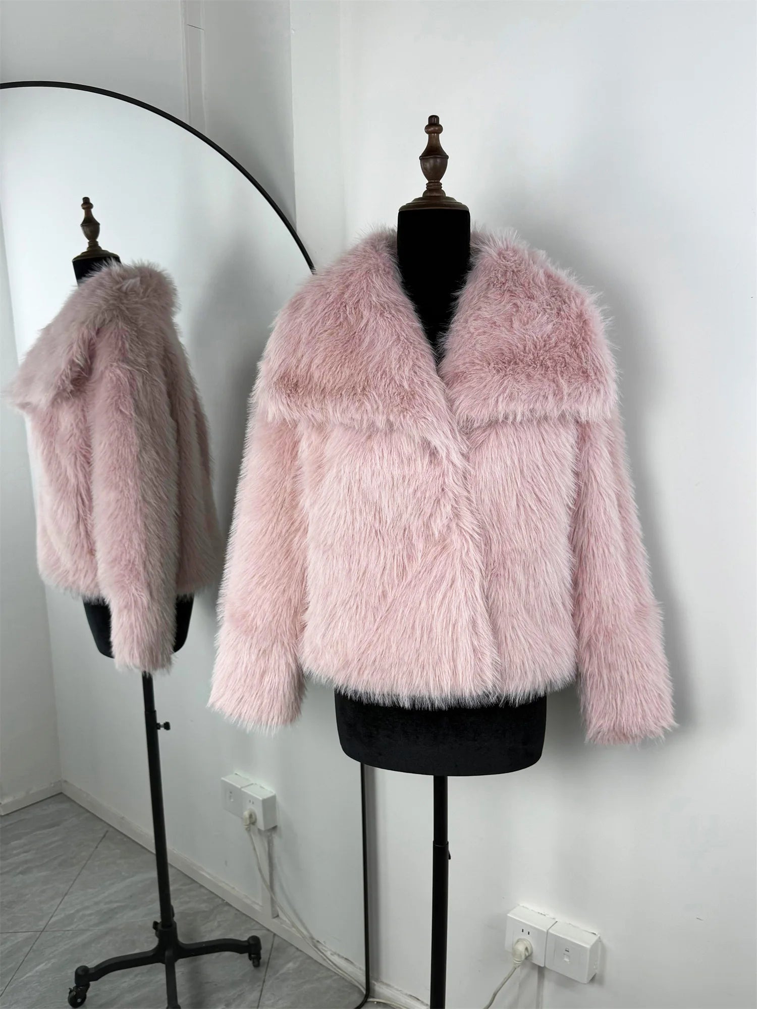 Faux Fur Coat with Turn-Down Collar