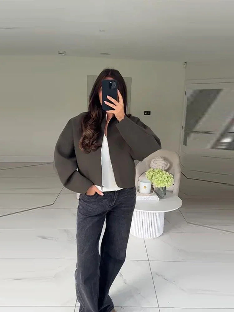 Casual Jacket with Zipper and Stand-Up Collar