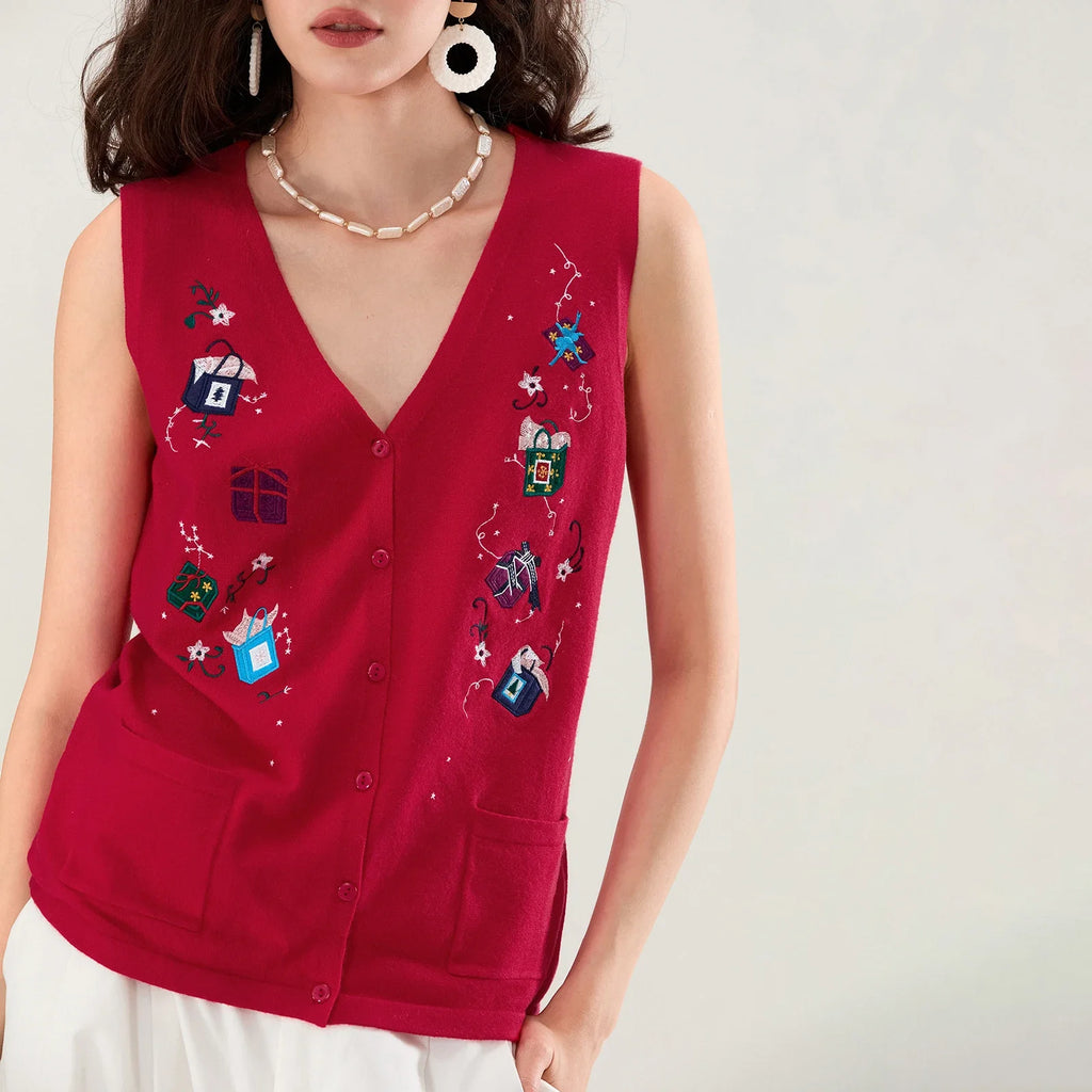 Festive Knit Christmas Vest with Embroidered Details