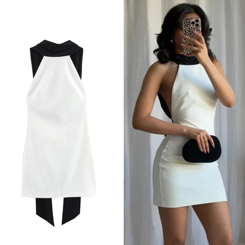 Vintage Bicolor Halter Mini Dress with Open Back