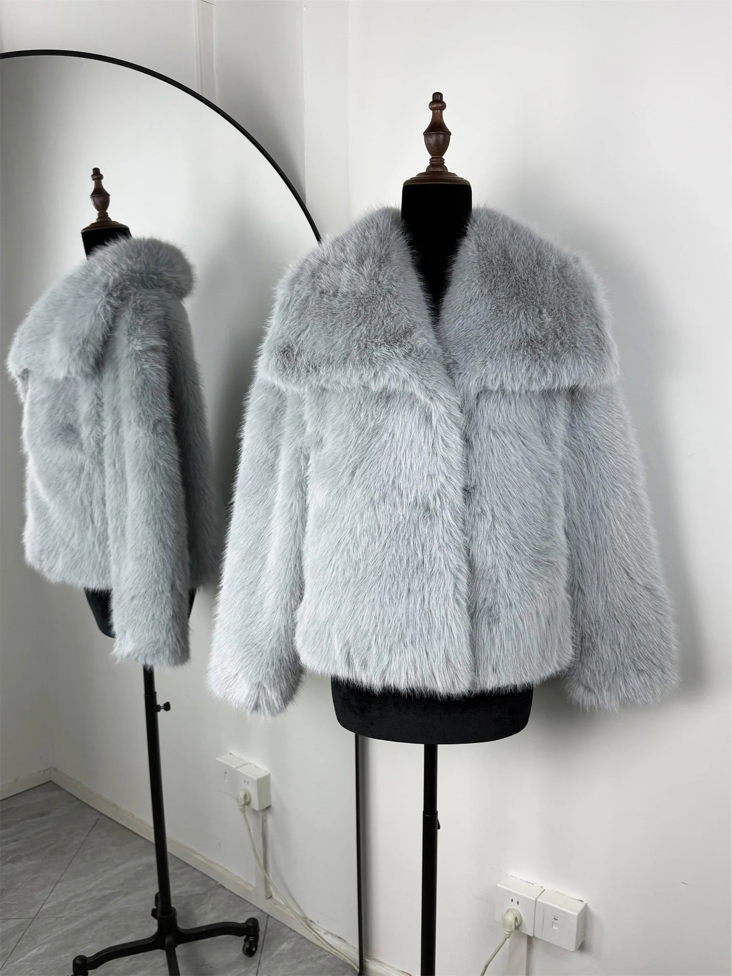 Faux Fur Coat with Turn-Down Collar