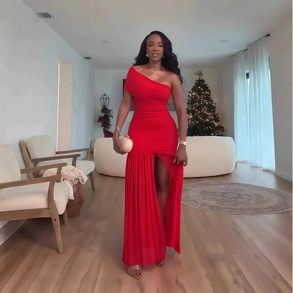 Scarlet Éclat Dress – Asymmetry in Elegance