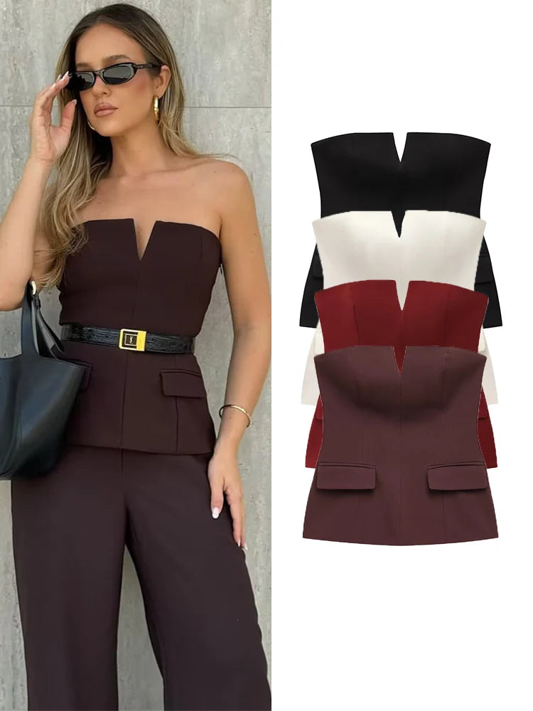 Tailored Strapless Top with Pocket Detail