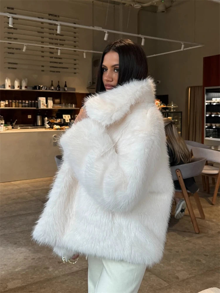 Faux Fur Coat with Turn-Down Collar