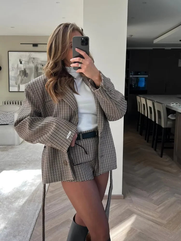 Urban Elegance in Plaid — Blazer & Mini Shorts Set