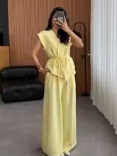 Women’s Wide Leg Pants and V-Neck Top Set