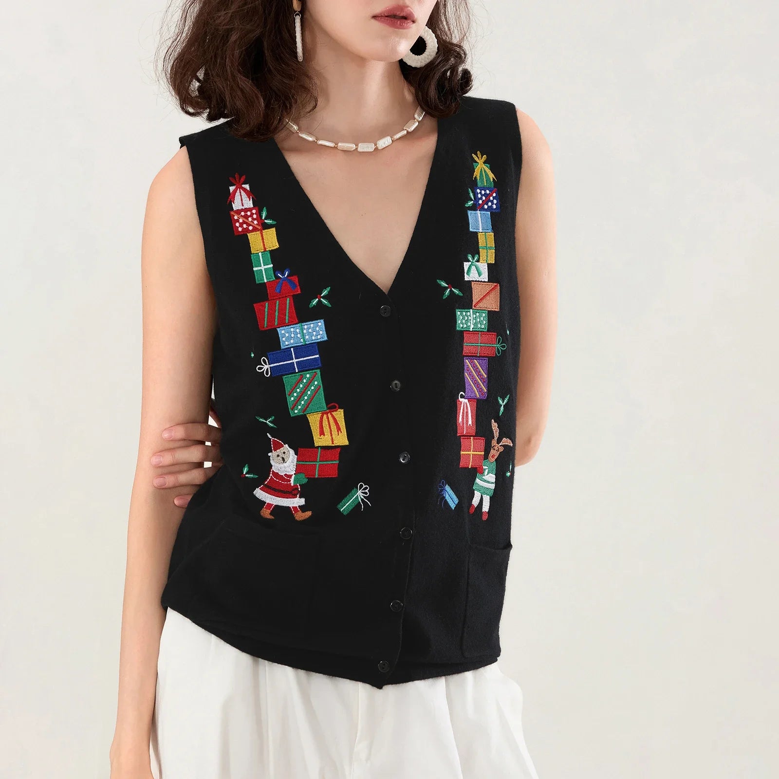 Festive Knit Christmas Vest with Embroidered Details