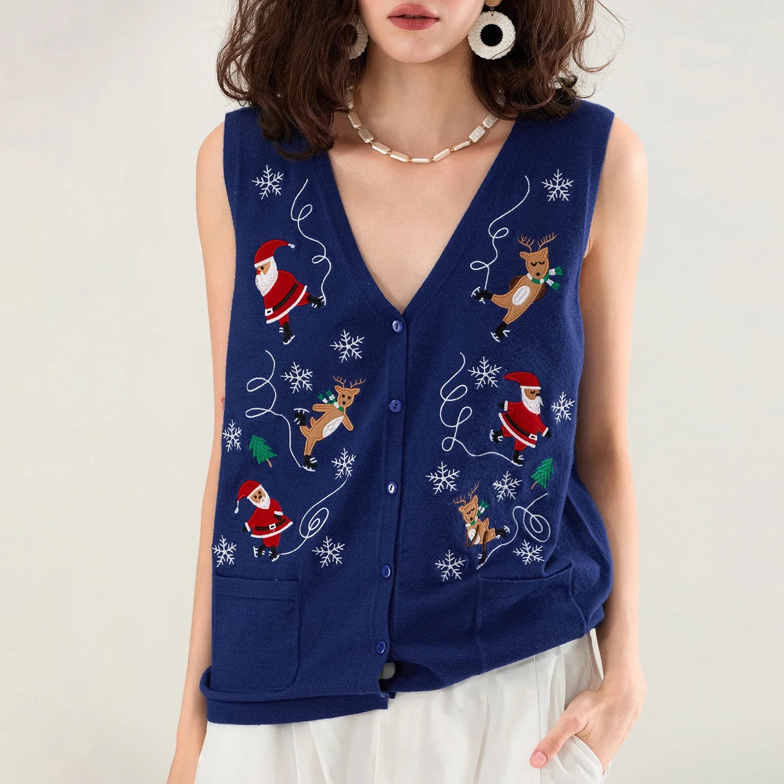 Festive Knit Christmas Vest with Embroidered Details