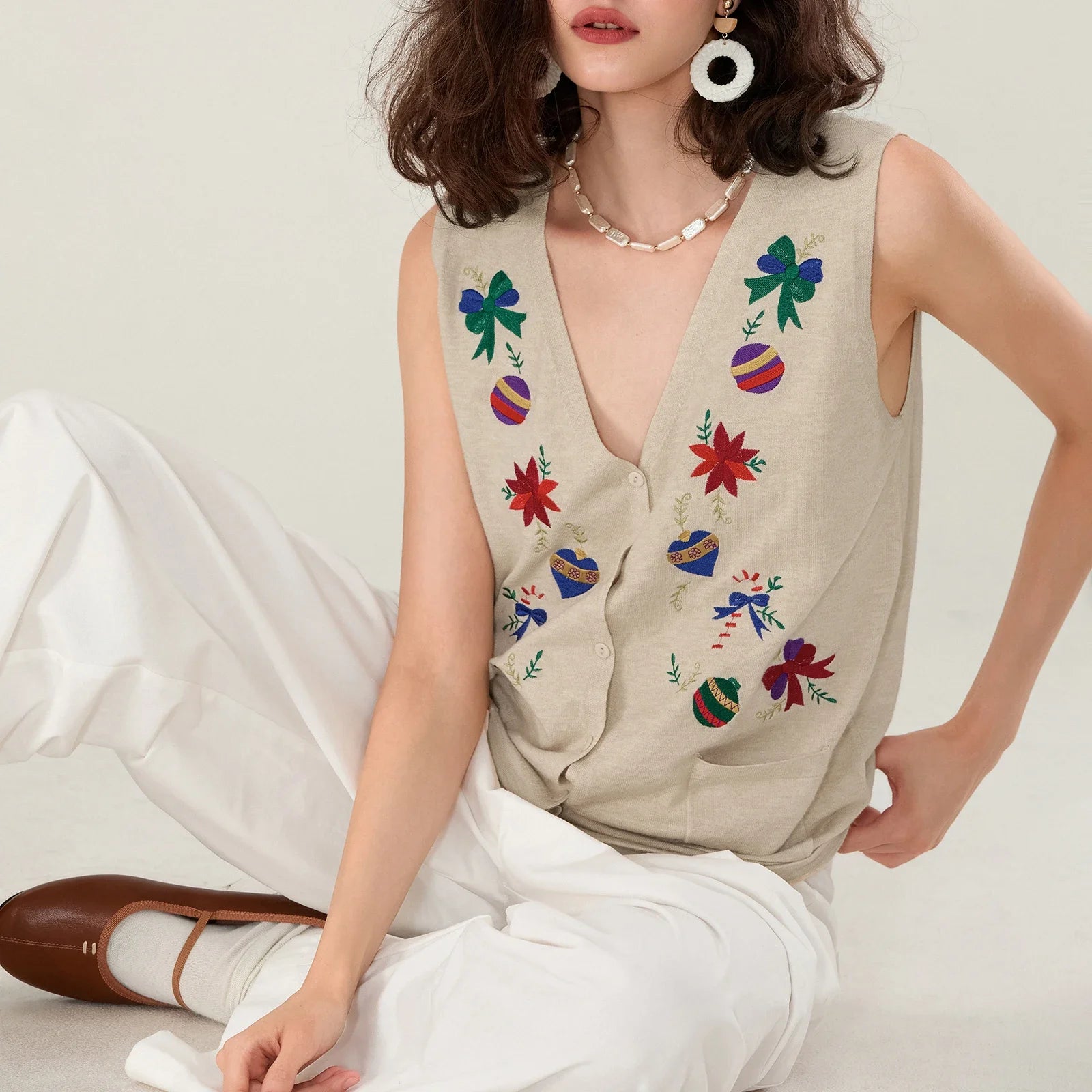 Festive Knit Christmas Vest with Embroidered Details