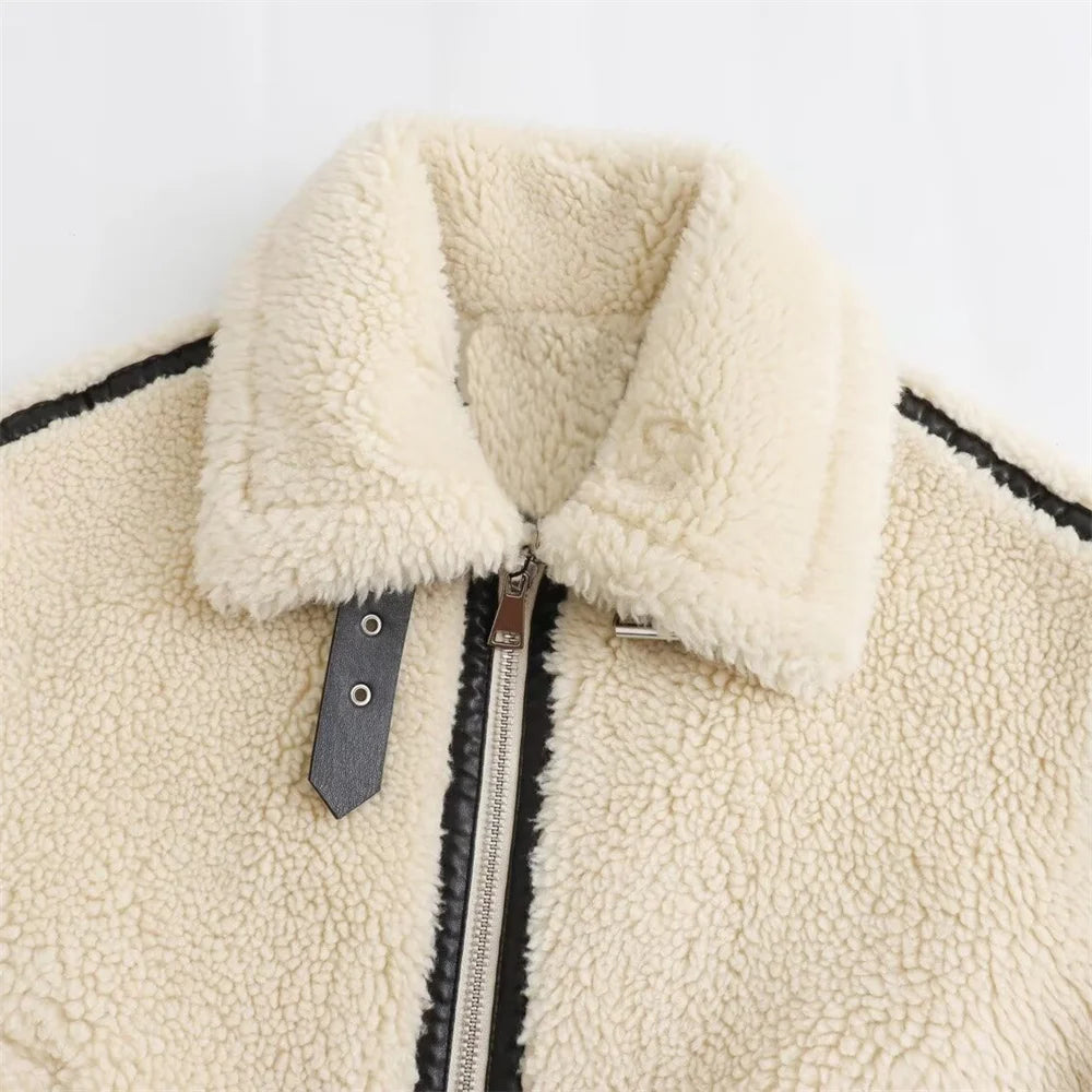 Casual Furry Jacket with Zipper and Pockets