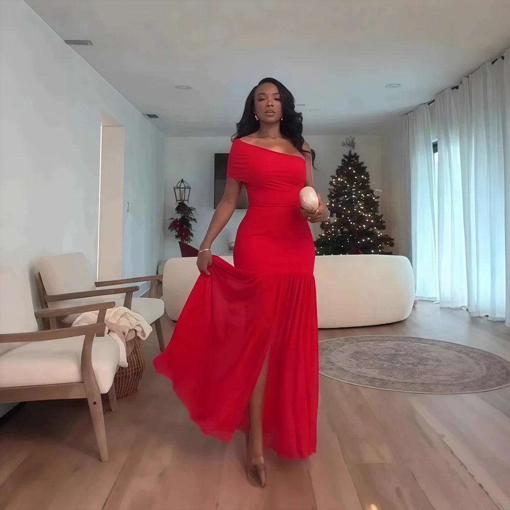 Scarlet Éclat Dress – Asymmetry in Elegance