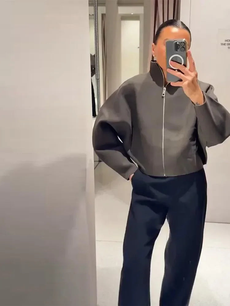 Casual Jacket with Zipper and Stand-Up Collar