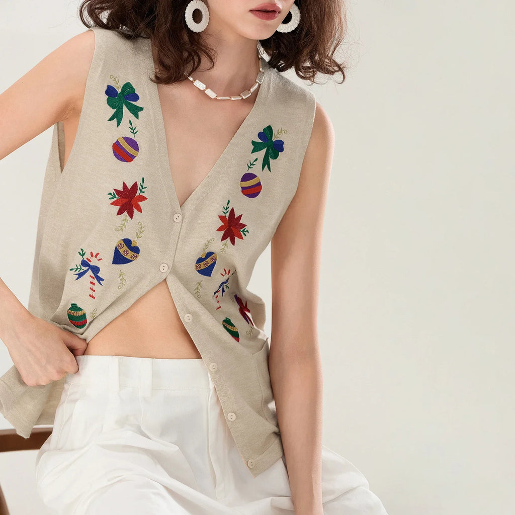 Festive Knit Christmas Vest with Embroidered Details