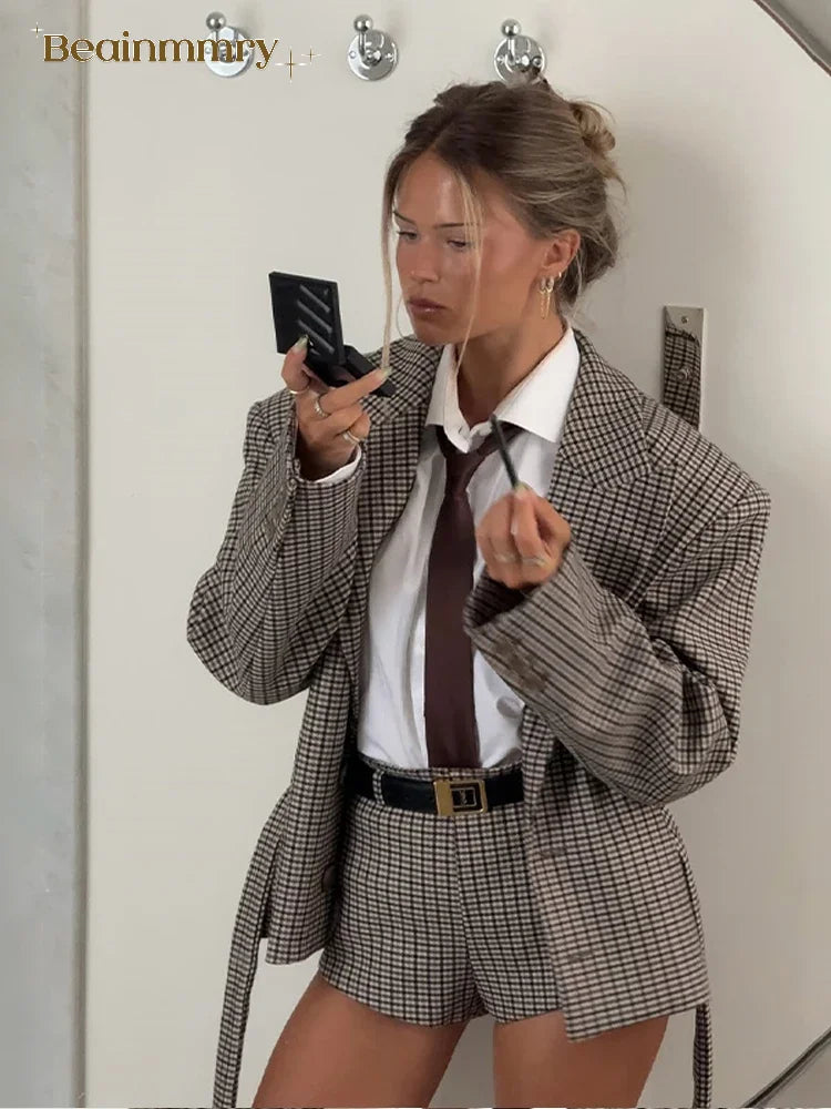 Urban Elegance in Plaid — Blazer & Mini Shorts Set