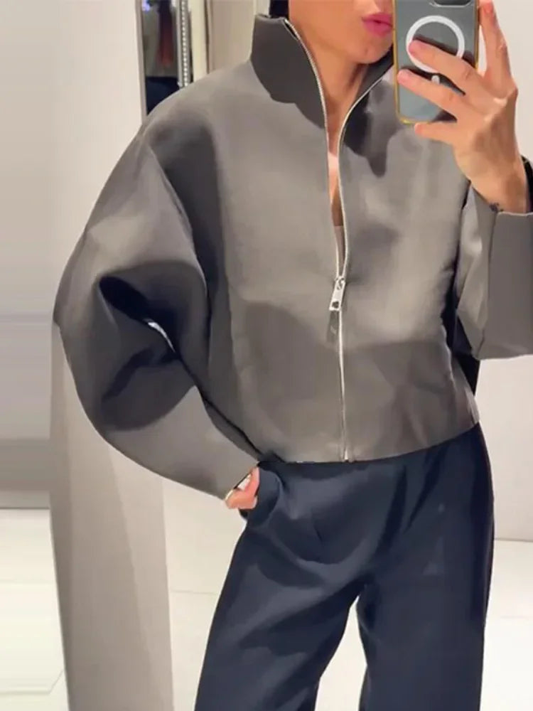 Casual Jacket with Zipper and Stand-Up Collar