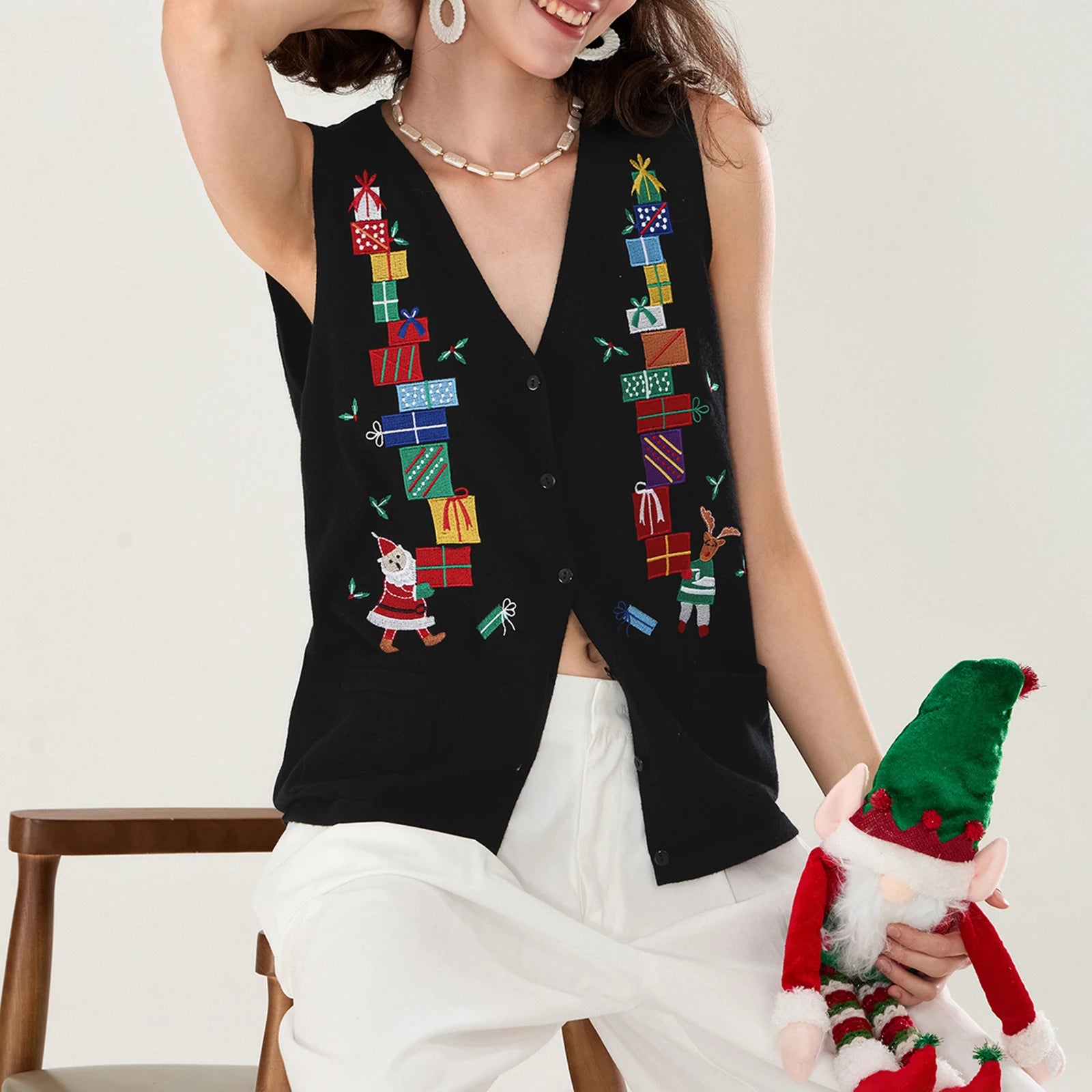 Festive Knit Christmas Vest with Embroidered Details