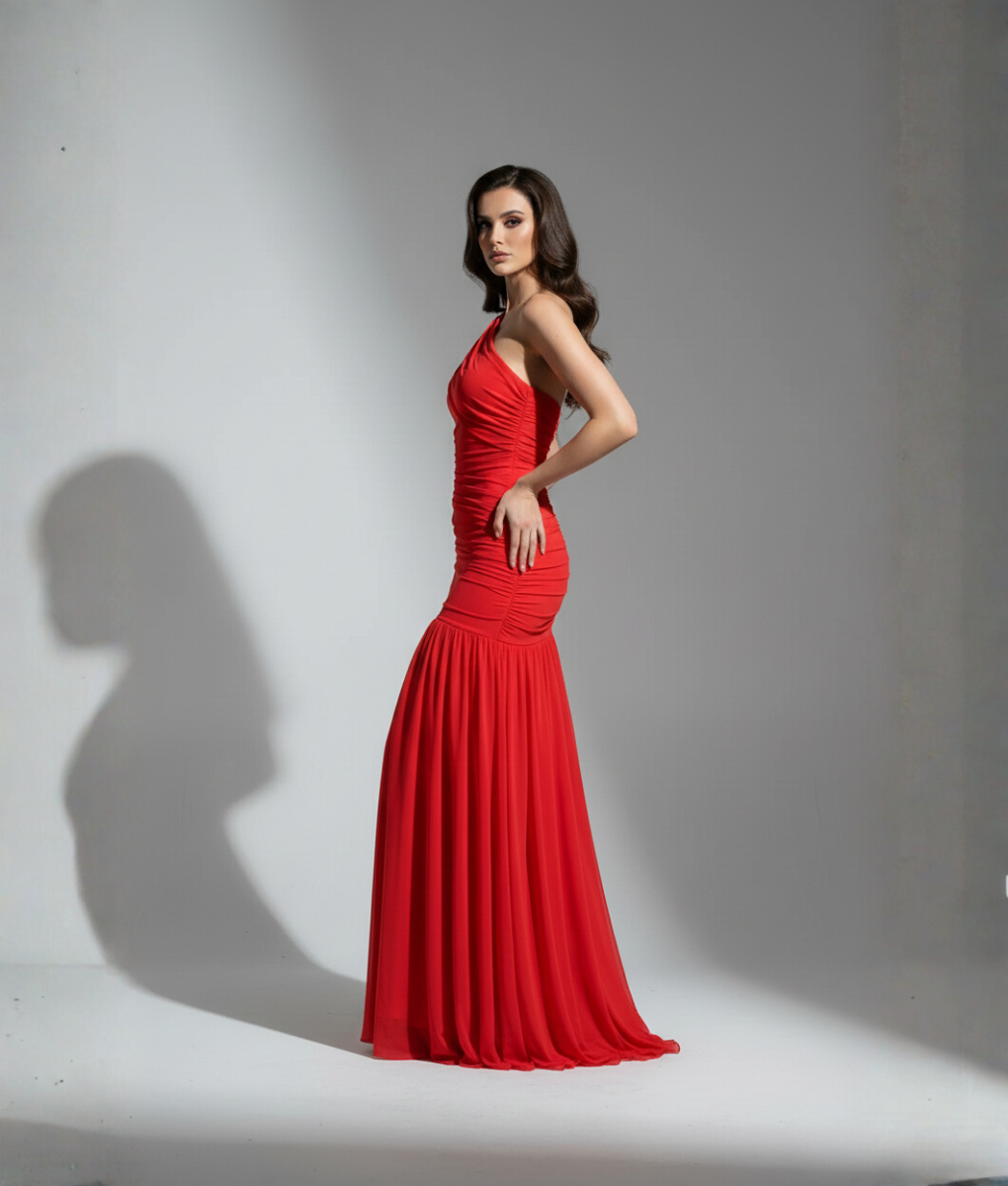 Scarlet Éclat Dress – Asymmetry in Elegance