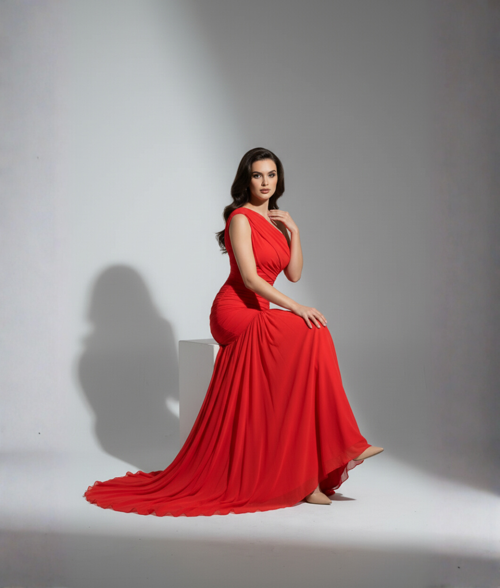 Scarlet Éclat Dress – Asymmetry in Elegance