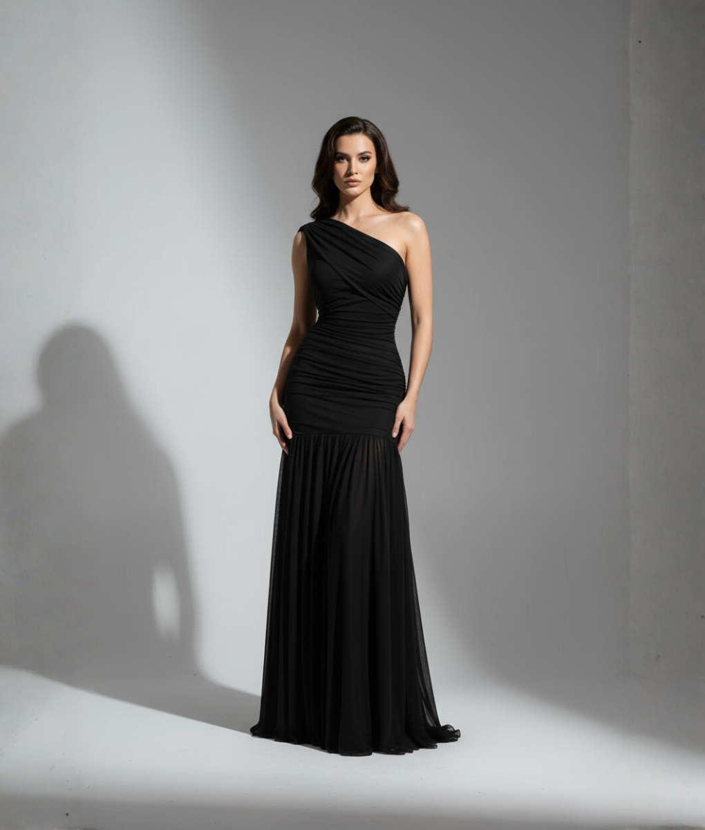 Scarlet Éclat Dress – Asymmetry in Elegance