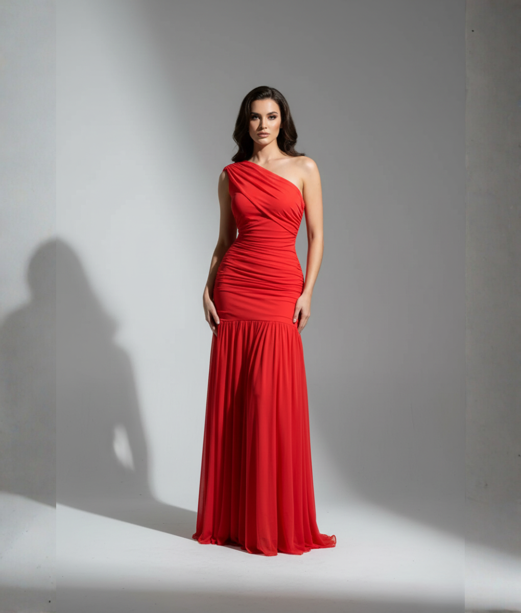 Scarlet Éclat Dress – Asymmetry in Elegance